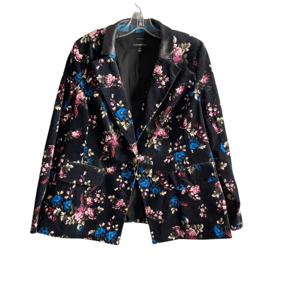 Lane Bryant black floral one button two pocket velvet blazer women size 16
